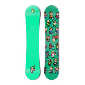 Top and bottom view of a snowboard. The top view shows a pixelated Shopify bag logo and a pixelated character reviewing a clipboard with a questioning expression with a bright green-blue background. The bottom view is a pattern of many pixel characters with a bright green-blue background.