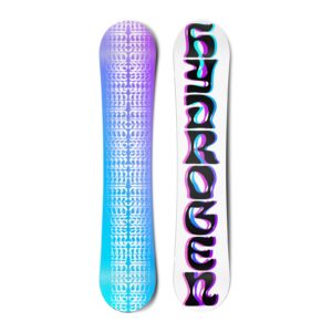 Top and bottom view of a snowboard.The top view shows the text “hydrogen” in overlapping blue, pink and black font. The bottom view is a purple to blue gradient with white geometric pattern overlay.